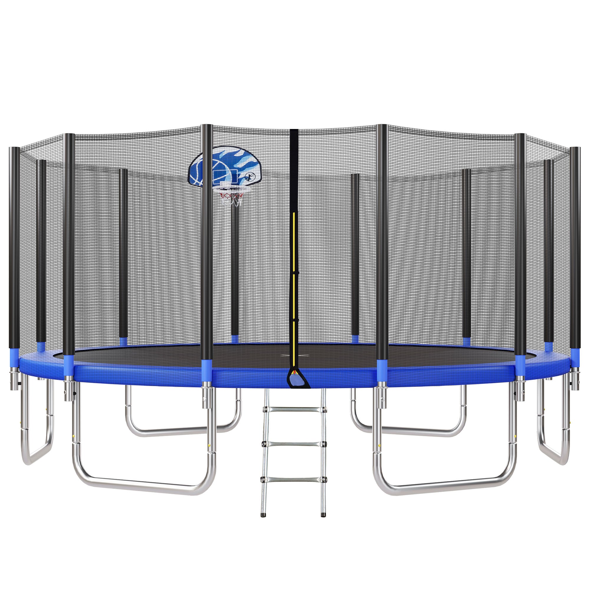 16Ft Trampoline For Kids With Safety Enclosure Net, Basketball Hoop And Ladder, Easy Assembly Round Outdoor Recreational Trampoline Blue Metal