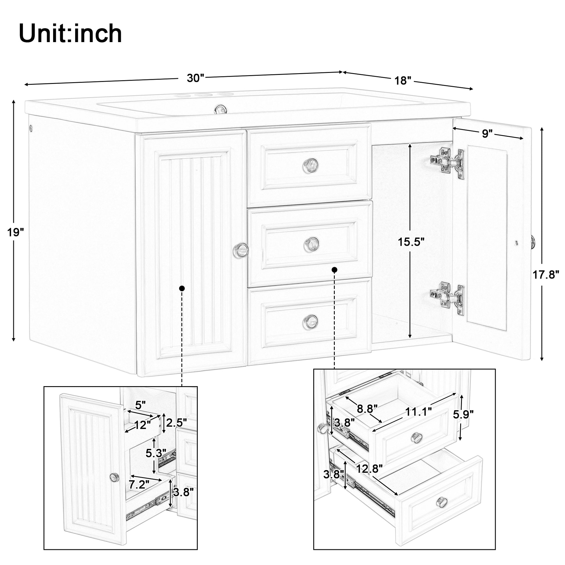 30" Wall Mounted Bathroom Vanity With Sink Combo, Functional Drawer, Solid Wood & Mdf Board & Ceramic, Green Old Sku:Sy999909Aaf Green Solid Wood Mdf