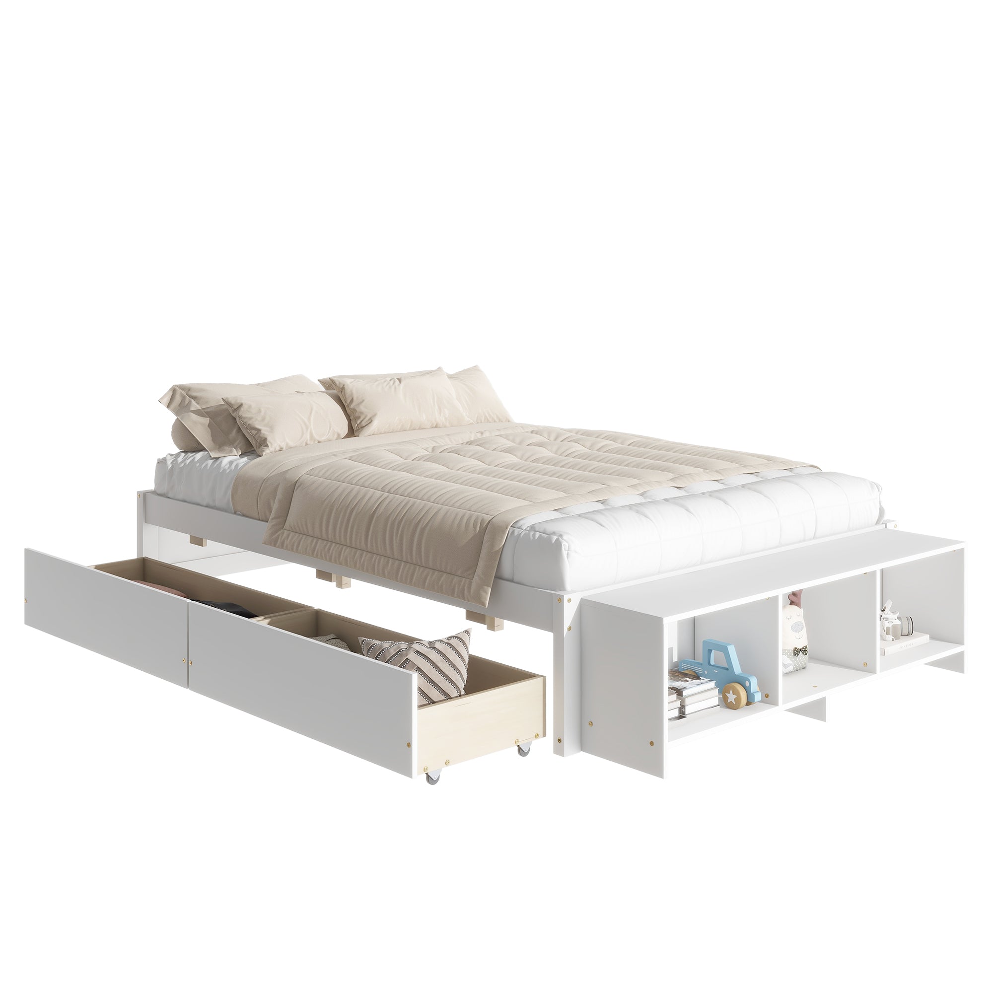 Full Size Bed with Storage Case, 2 Storage drawers full-white-wood-bedroom-american design-pine-pine
