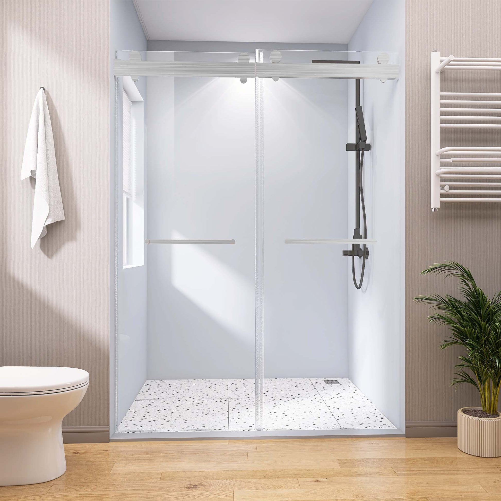 Frameless Double Sliding Shower, 69" 72" Width, 79" Height, 3 8" 10 Mm Clear Tempered Glass,Designed For Smooth Door With Clear Tempered Glass And Stainless Steel Hardware Brushed Nickel Brushed Nickel Glass