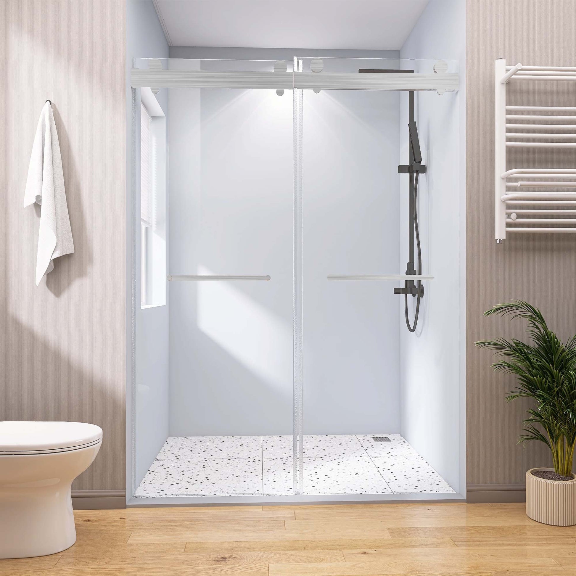 Frameless Double Sliding Shower, 57" 60" Width, 79" brushed nickel-glass