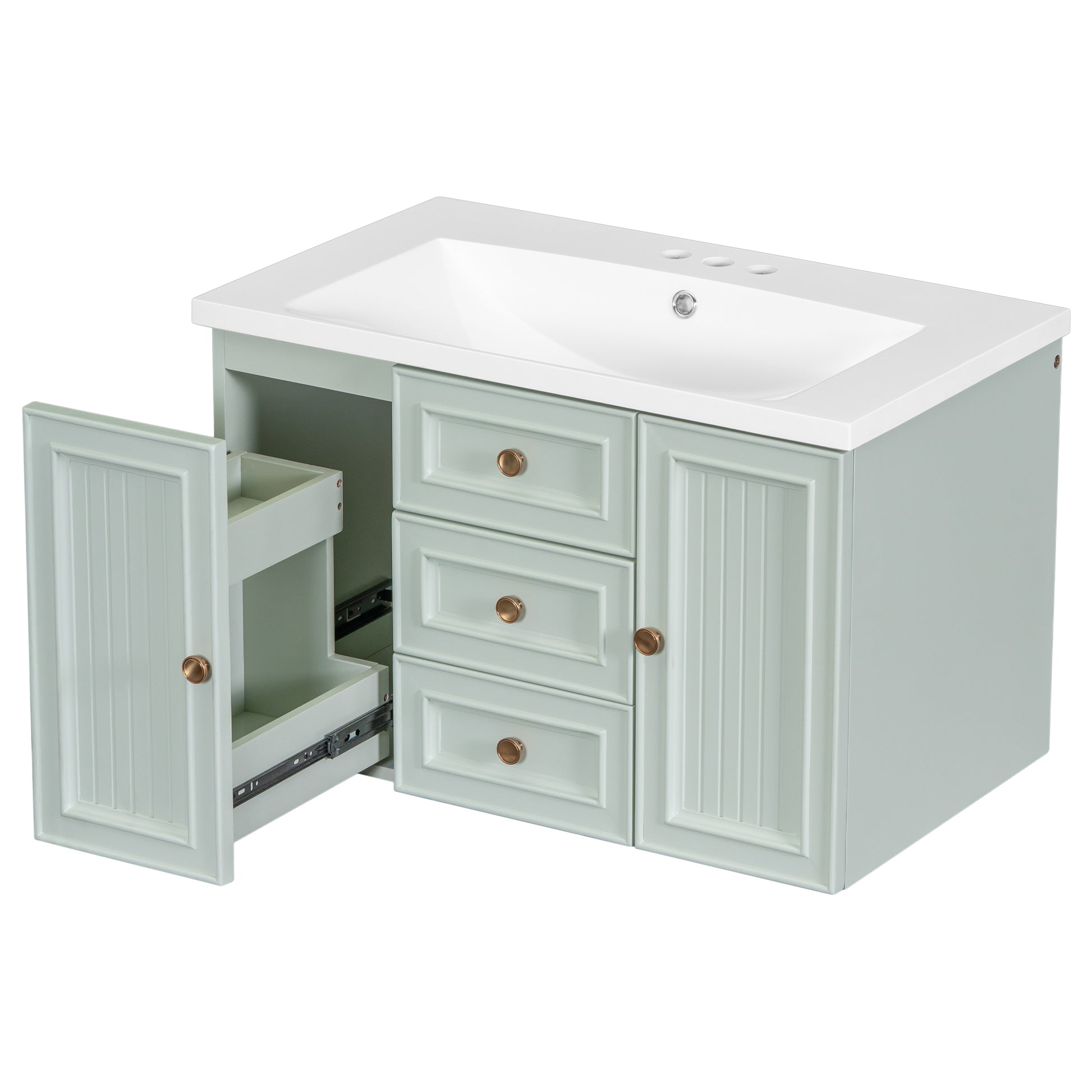 30" Wall Mounted Bathroom Vanity With Sink Combo, Functional Drawer, Solid Wood & Mdf Board & Ceramic, Green Old Sku:Sy999909Aaf Green Solid Wood Mdf