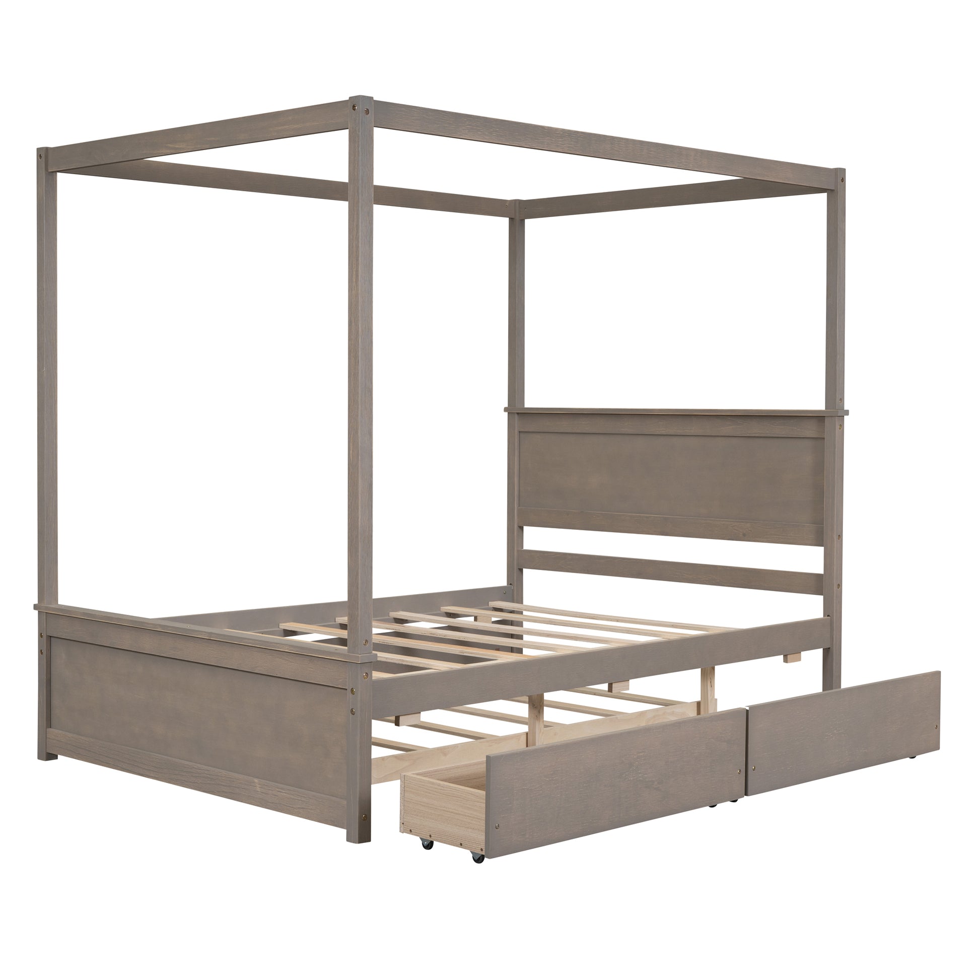 Wood Canopy Bed With Trundle Bed And Two Drawers ,Full Size Canopy Platform Bed With Support Slats .No Box Spring Needed, Brushed Light Brown Light Brown Solid Wood Mdf