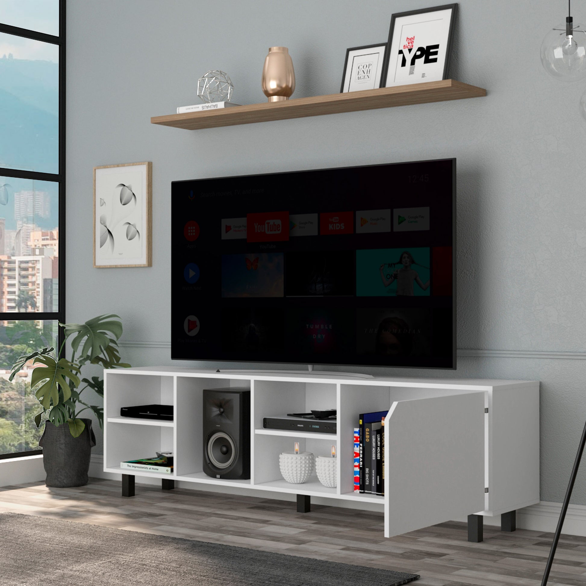 Valdivia Tv Stand For Tv S Up 70", Four Open Shelves, Five Legs White White Primary Living Space 50 Inches 50 59 Inches Modern Particle Board Particle Board