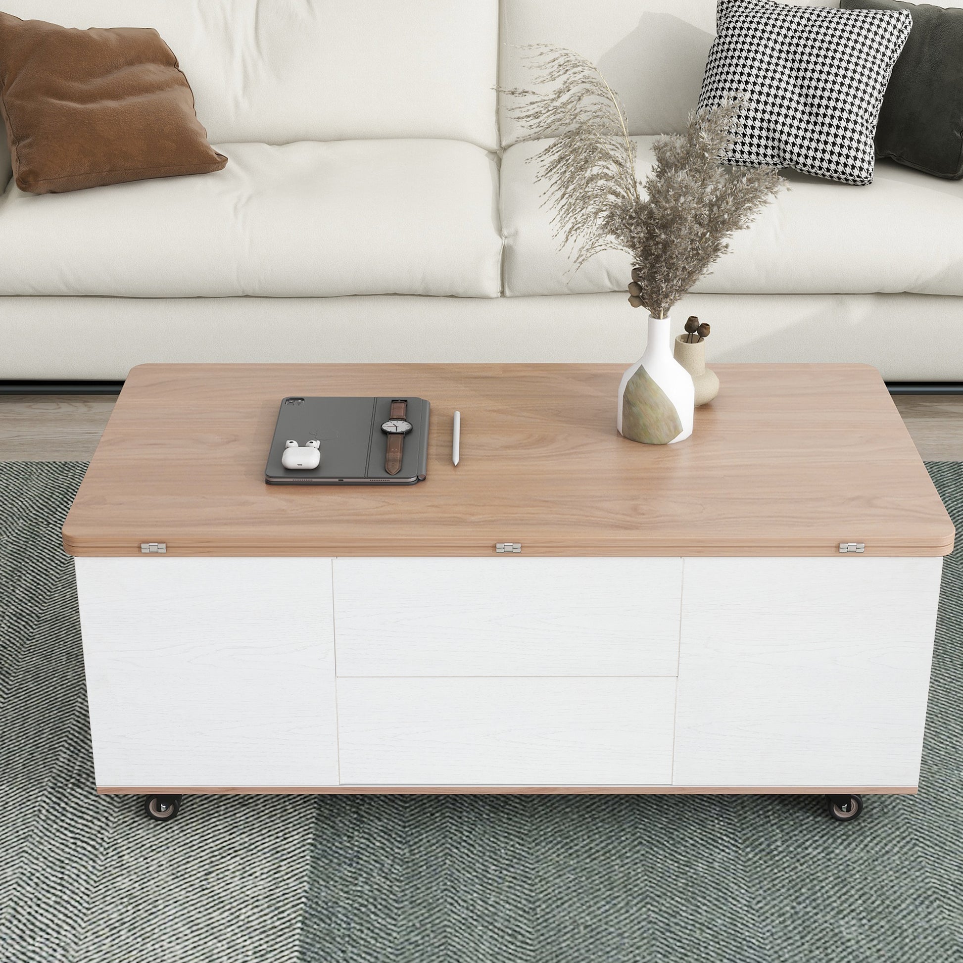 Modern Walnut & White Lift Top Coffee Table Multifunctional Table With Drawers & Shelves White Walnut Mdf