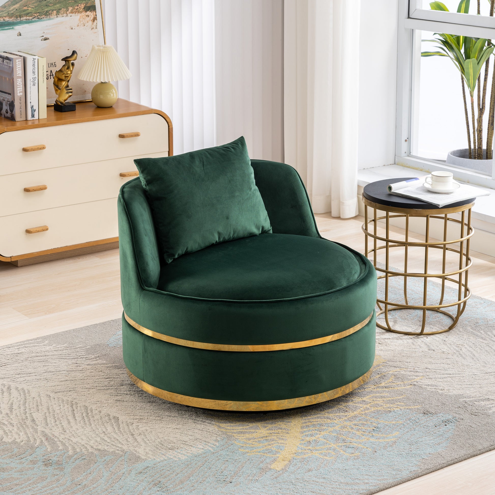 360 Degree Swivel Accent Chair Velvet Modern Upholstered Barrel Chair Over Sized Soft Chair With Seat Cushion For Living Room, Bedroom, Office, Apartment, Green Green Foam Velvet