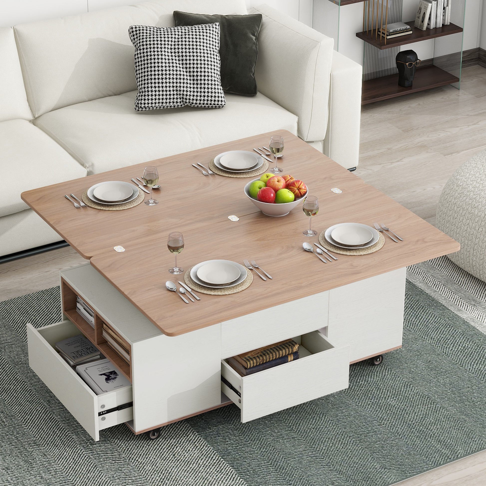 Modern Walnut & White Lift Top Coffee Table Multifunctional Table With Drawers & Shelves White Walnut Mdf