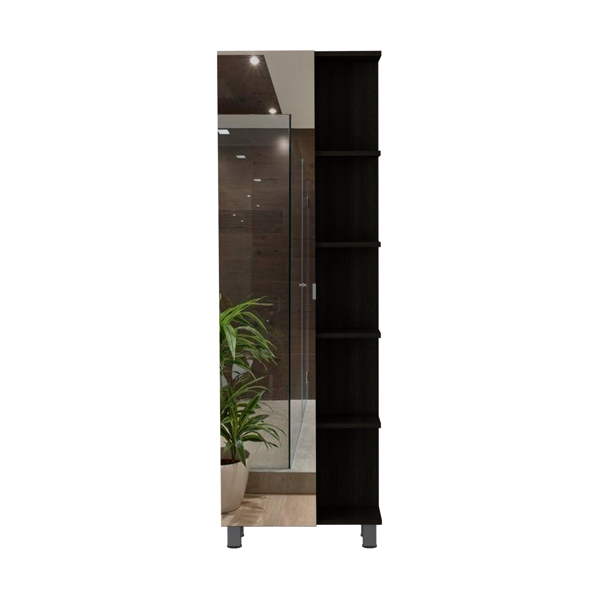 Urano Mirror Linen Cabinet, Four Interior Shelves, Five External Shelves Black Black 1 5 Bathroom Freestanding Modern Particle Board Particle Board