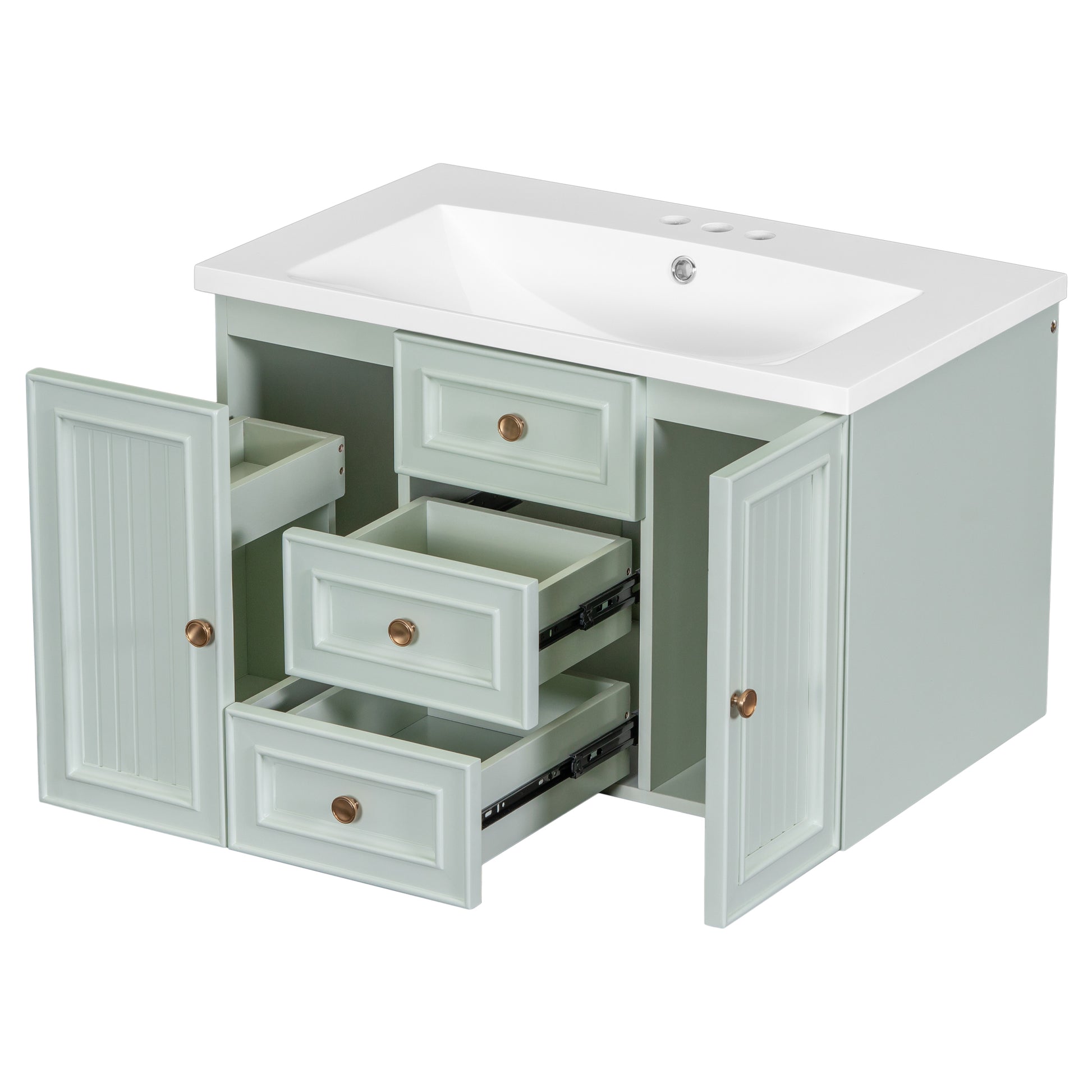 30" Wall Mounted Bathroom Vanity With Sink Combo, Functional Drawer, Solid Wood & Mdf Board & Ceramic, Green Old Sku:Sy999909Aaf Green Solid Wood Mdf