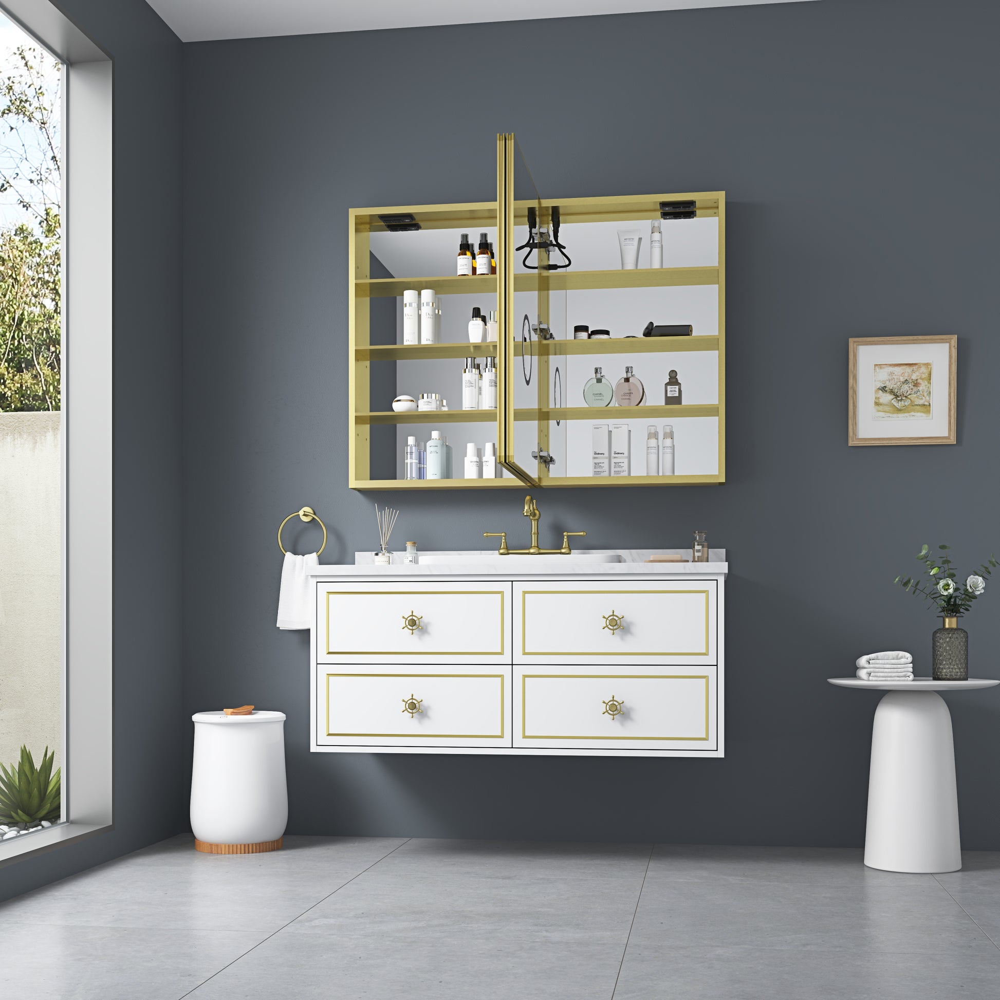 LED Lighted Bathroom Medicine Cabinet with Mirror gold-aluminium
