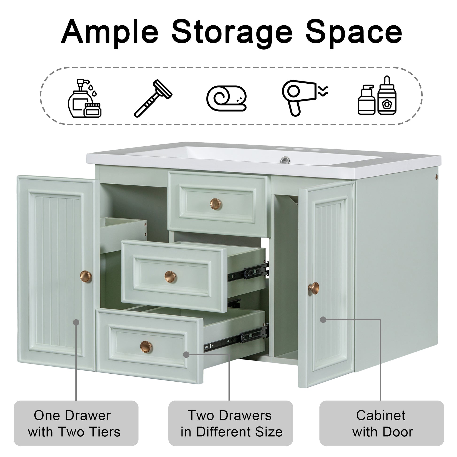 30" Wall Mounted Bathroom Vanity With Sink Combo, Functional Drawer, Solid Wood & Mdf Board & Ceramic, Green Old Sku:Sy999909Aaf Green Solid Wood Mdf