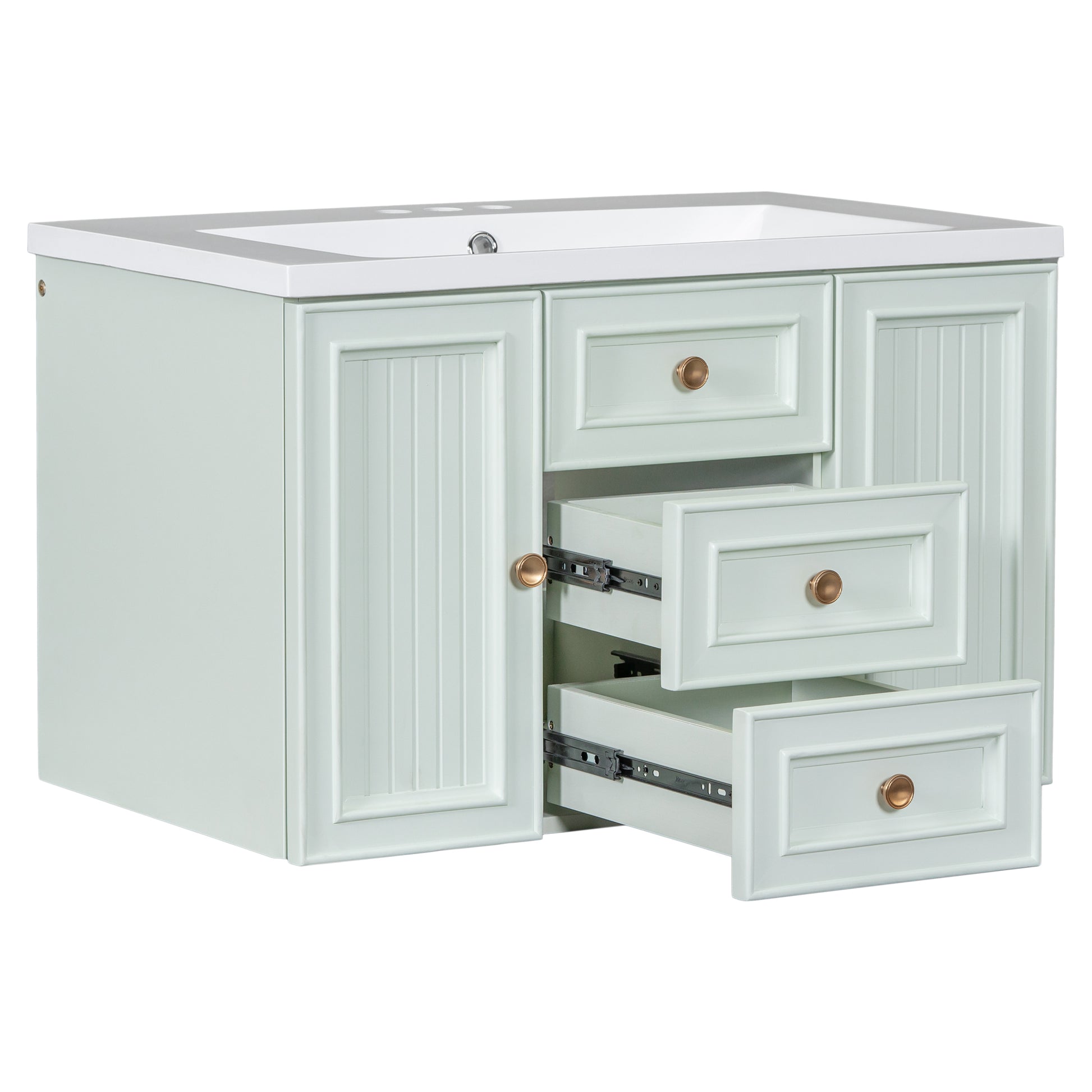 30" Wall Mounted Bathroom Vanity With Sink Combo, Functional Drawer, Solid Wood & Mdf Board & Ceramic, Green Old Sku:Sy999909Aaf Green Solid Wood Mdf