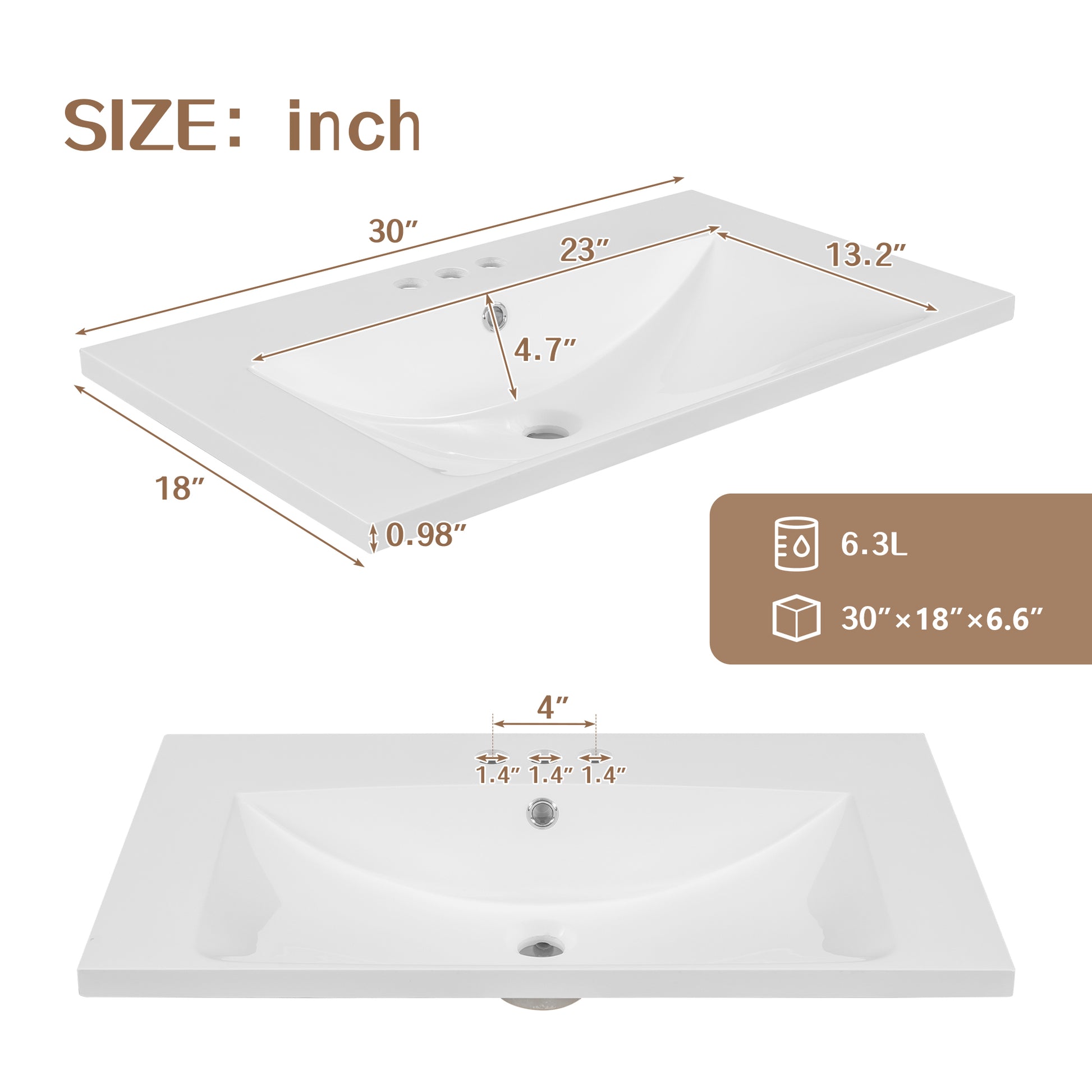 30" Single Bathroom Vanity Top With White Basin, 3 Faucet Holes, Ceramic, White White Ceramic