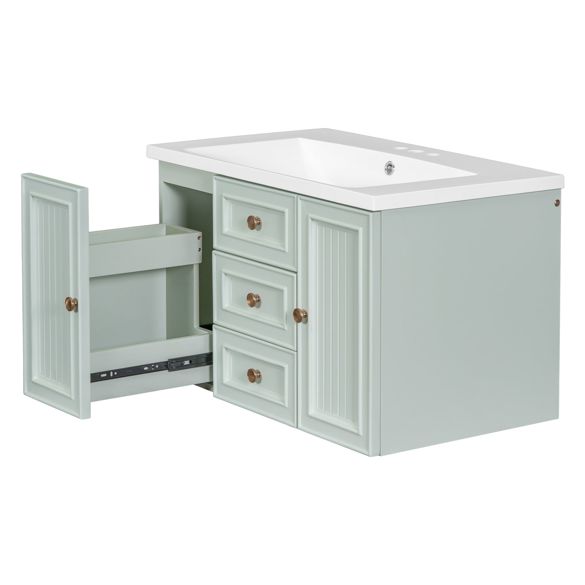 30" Wall Mounted Bathroom Vanity With Sink Combo, Functional Drawer, Solid Wood & Mdf Board & Ceramic, Green Old Sku:Sy999909Aaf Green Solid Wood Mdf