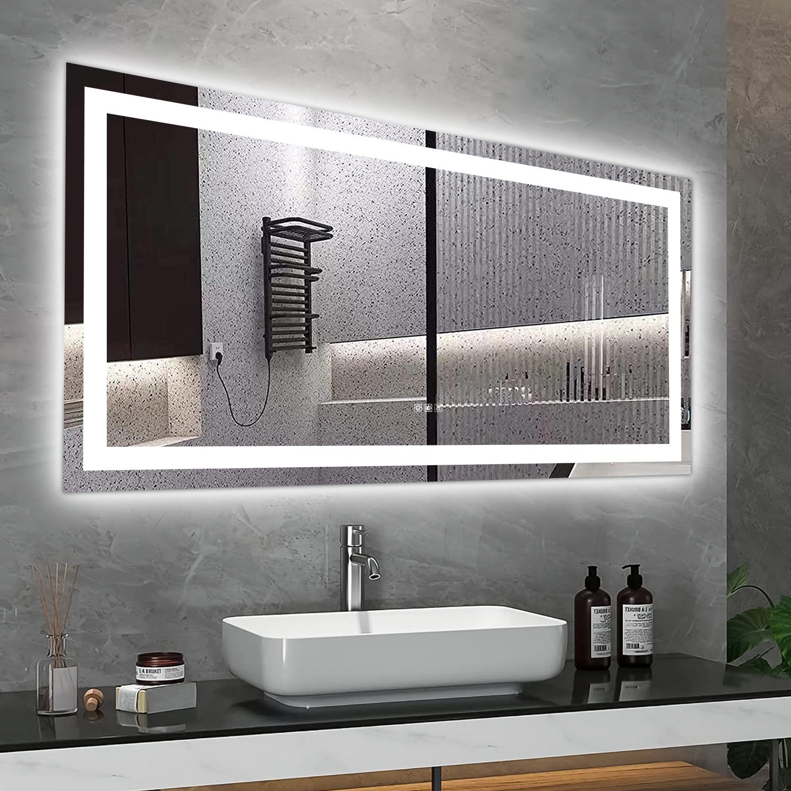 Led Bathroom Mirror 60X 32 Inch With Lights, Anti Fog & Dimming Led Bathroom Vanity Mirror Transparent Glass