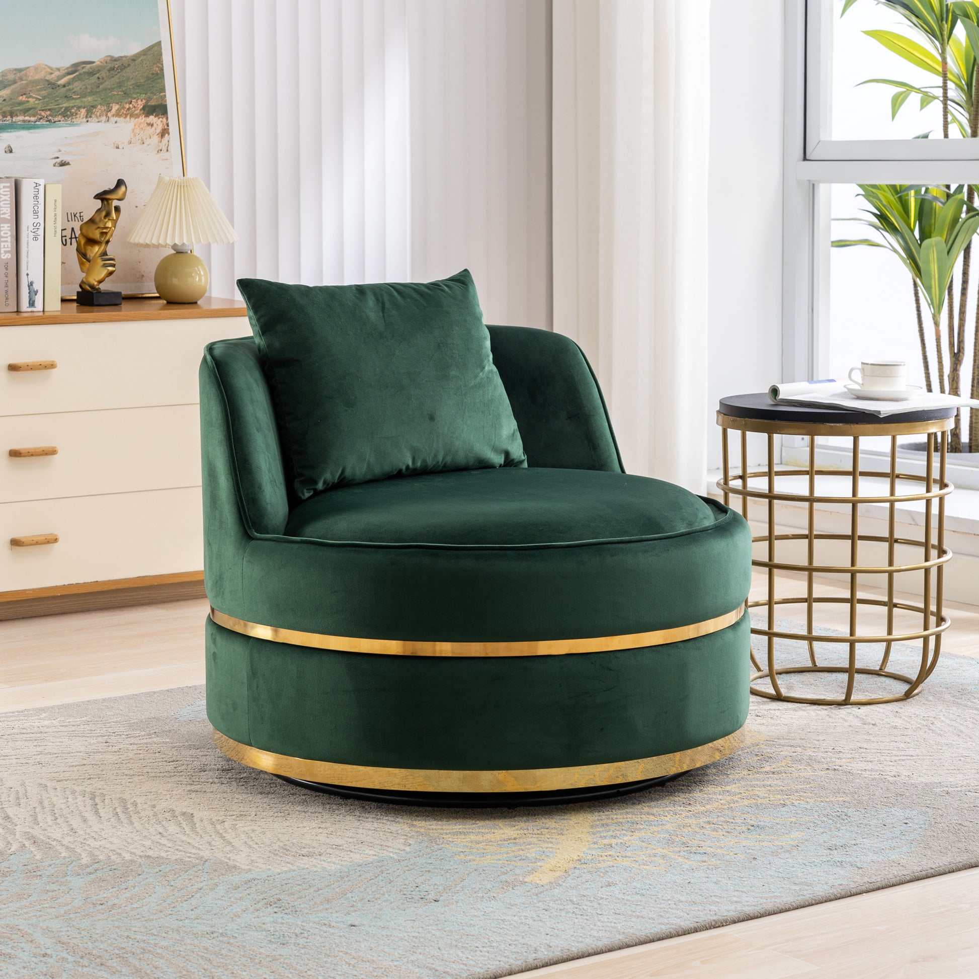 360 Degree Swivel Accent Chair Velvet Modern Upholstered Barrel Chair Over Sized Soft Chair With Seat Cushion For Living Room, Bedroom, Office, Apartment, Green Green Foam Velvet