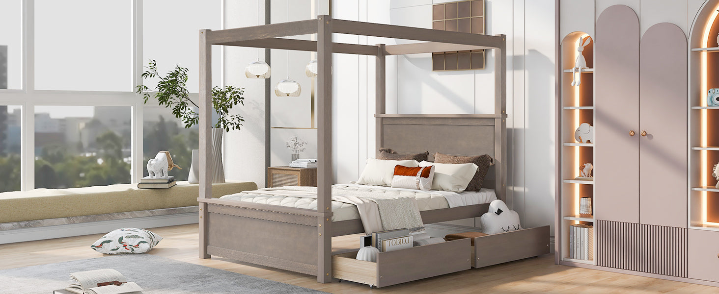 Wood Canopy Bed With Two Drawers, Full Size Canopy Platform Bed With Support Slats .No Box Spring Needed, Brushed Light Brown Light Brown Solid Wood Mdf