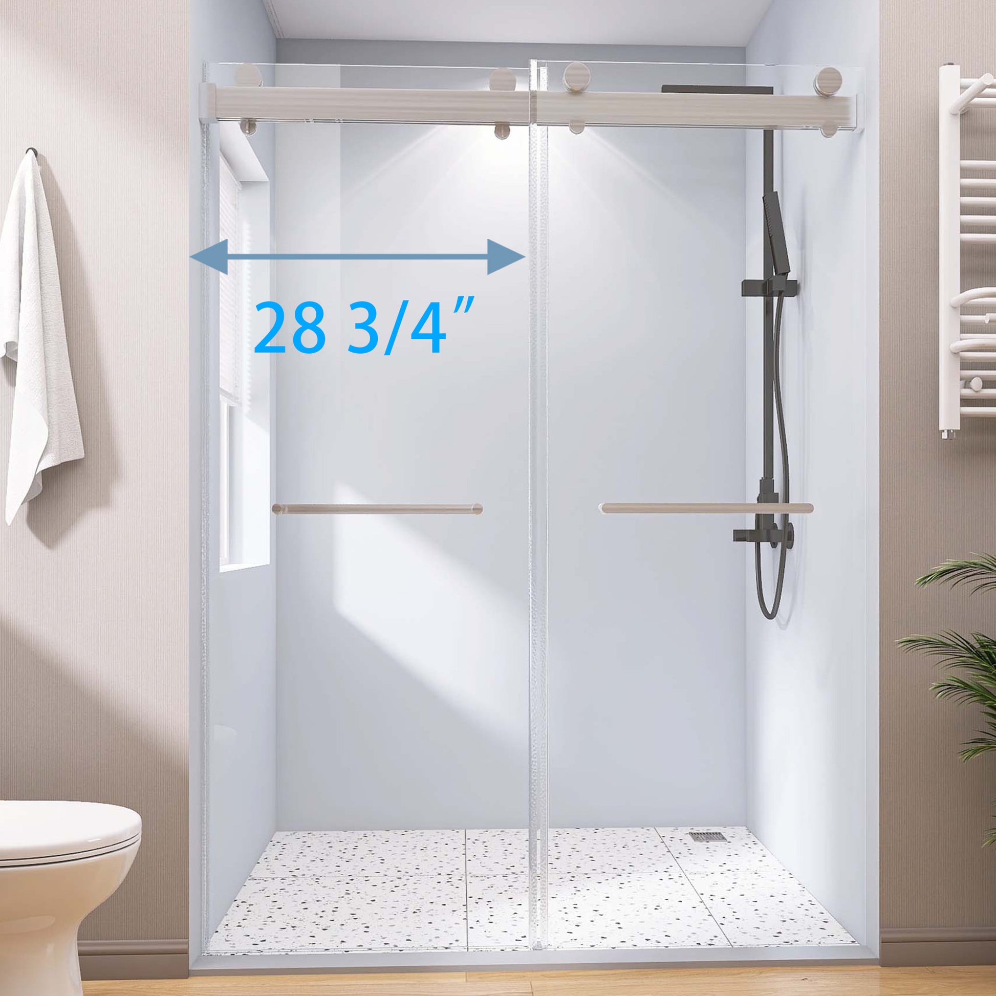 Frameless Double Sliding Shower, 57" 60" Width, 79" brushed nickel-glass