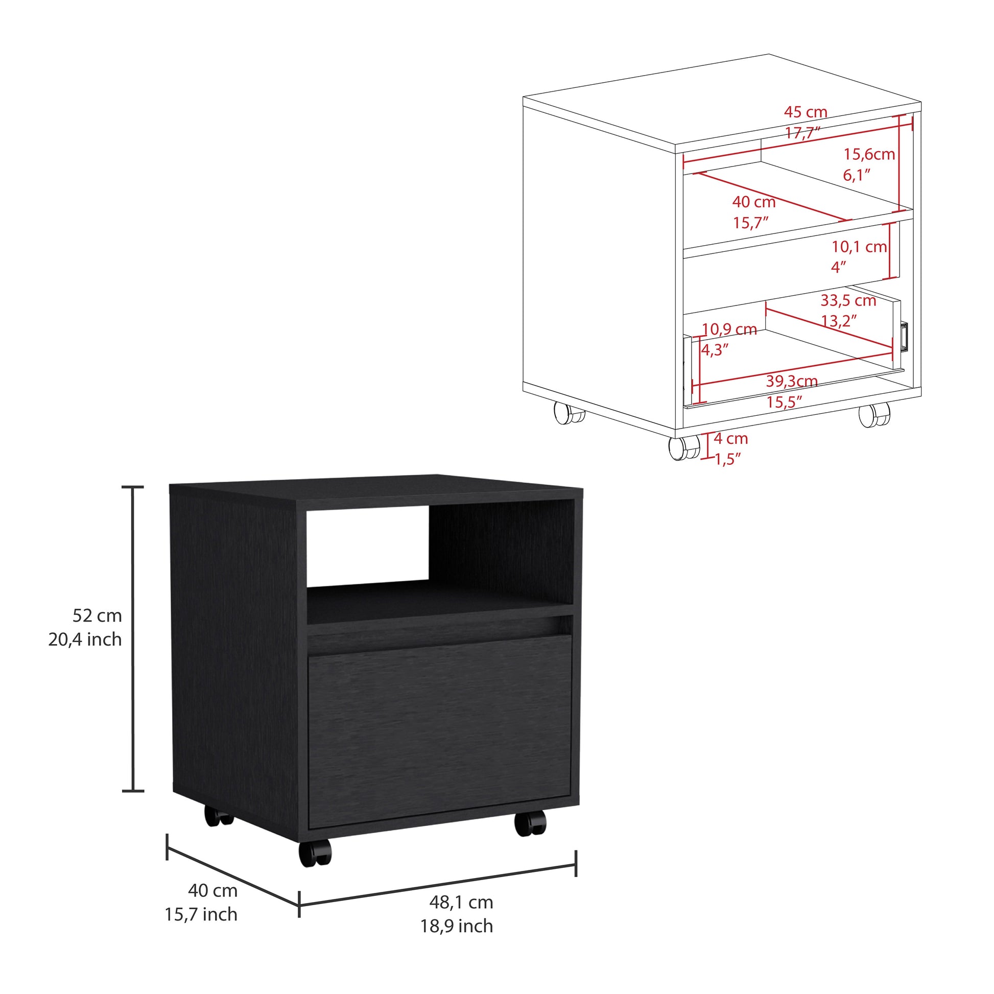 Austin Nightstandend Table, Side Table Casters, Single Drawer Black White 1 Drawer Bedroom Rectangle Modern Shelf Particle Board Particle Board