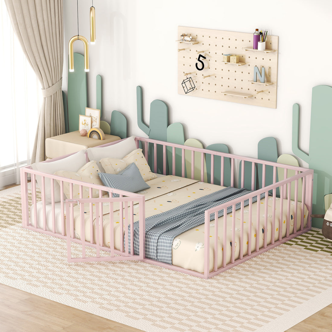 Queen Size Metal Floor Bed Frame With Fence And Door, Pink Pink Metal
