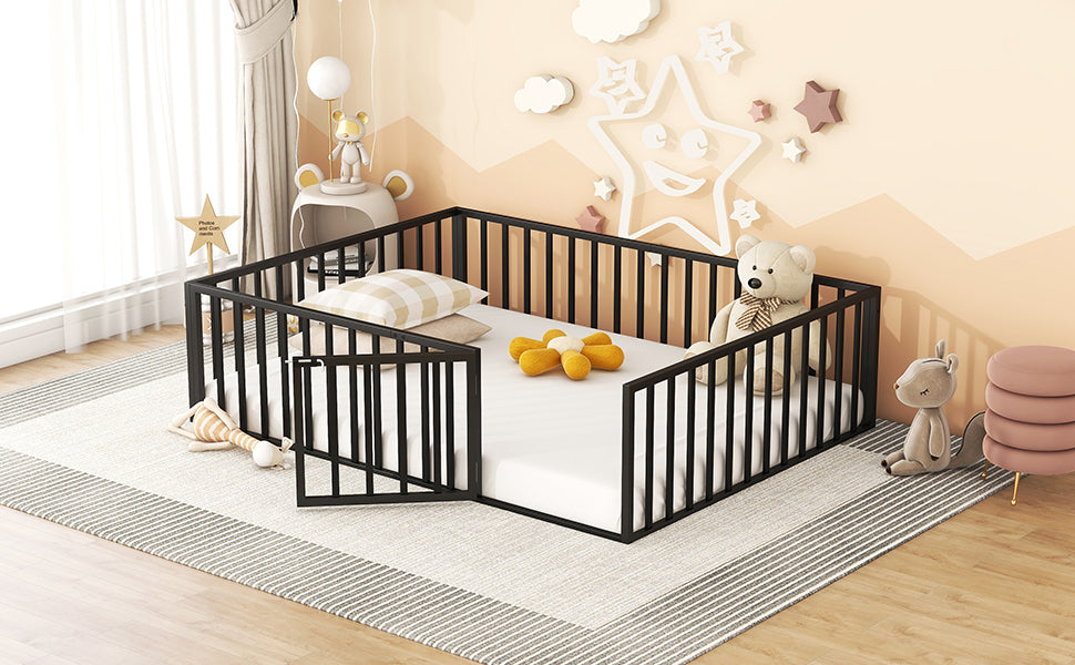 Queen Size Metal Floor Bed Frame With Fence And Door, Black Black Metal