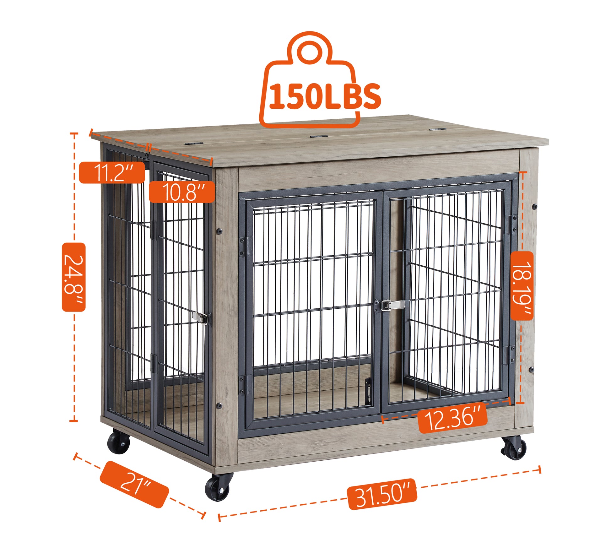 Furniture Dog Cage Crate With Double Doors On Casters. Grey, 31.50'' W X 22.05'' D X 24.8'' H. Grey Particle Board