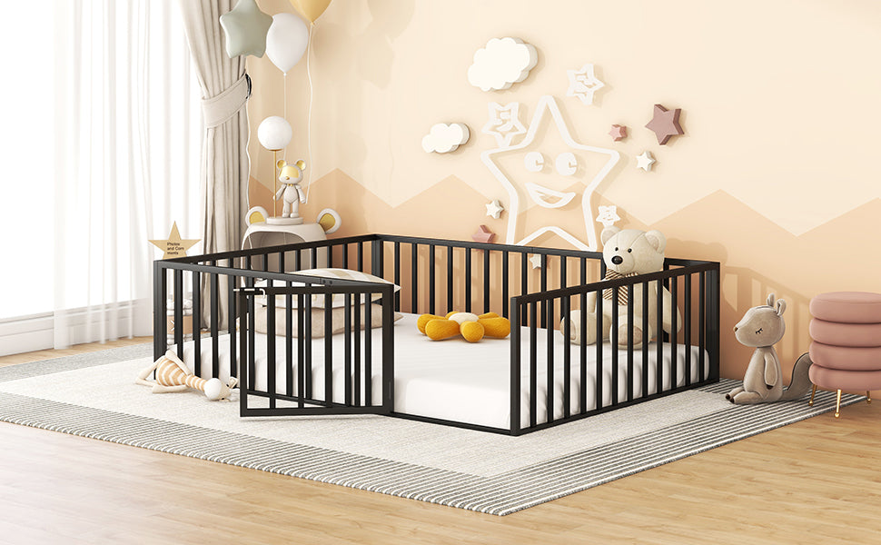 Queen Size Metal Floor Bed Frame With Fence And Door, Black Black Metal