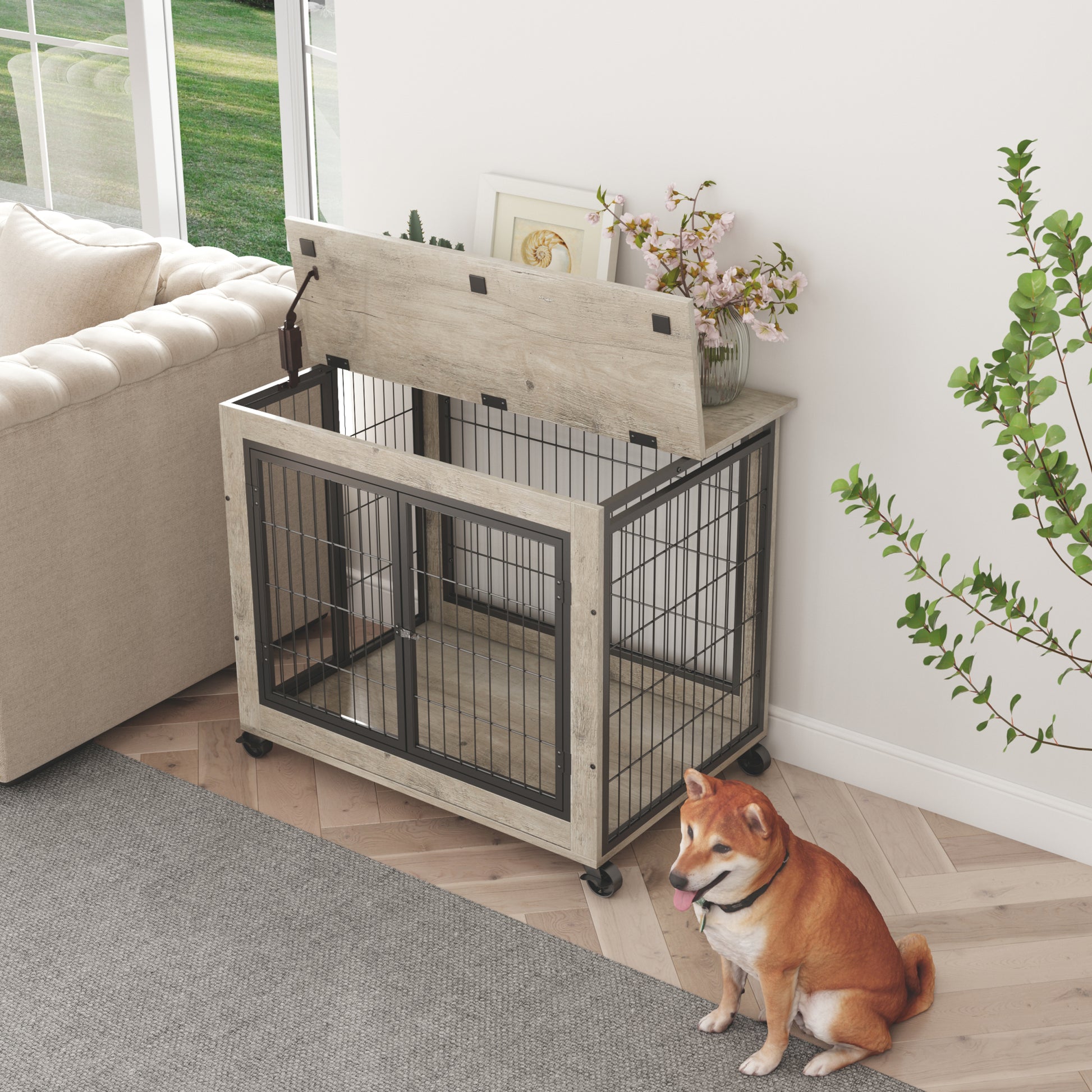 Furniture Dog Cage Crate With Double Doors On Casters. Grey, 31.50'' W X 22.05'' D X 24.8'' H. Grey Particle Board