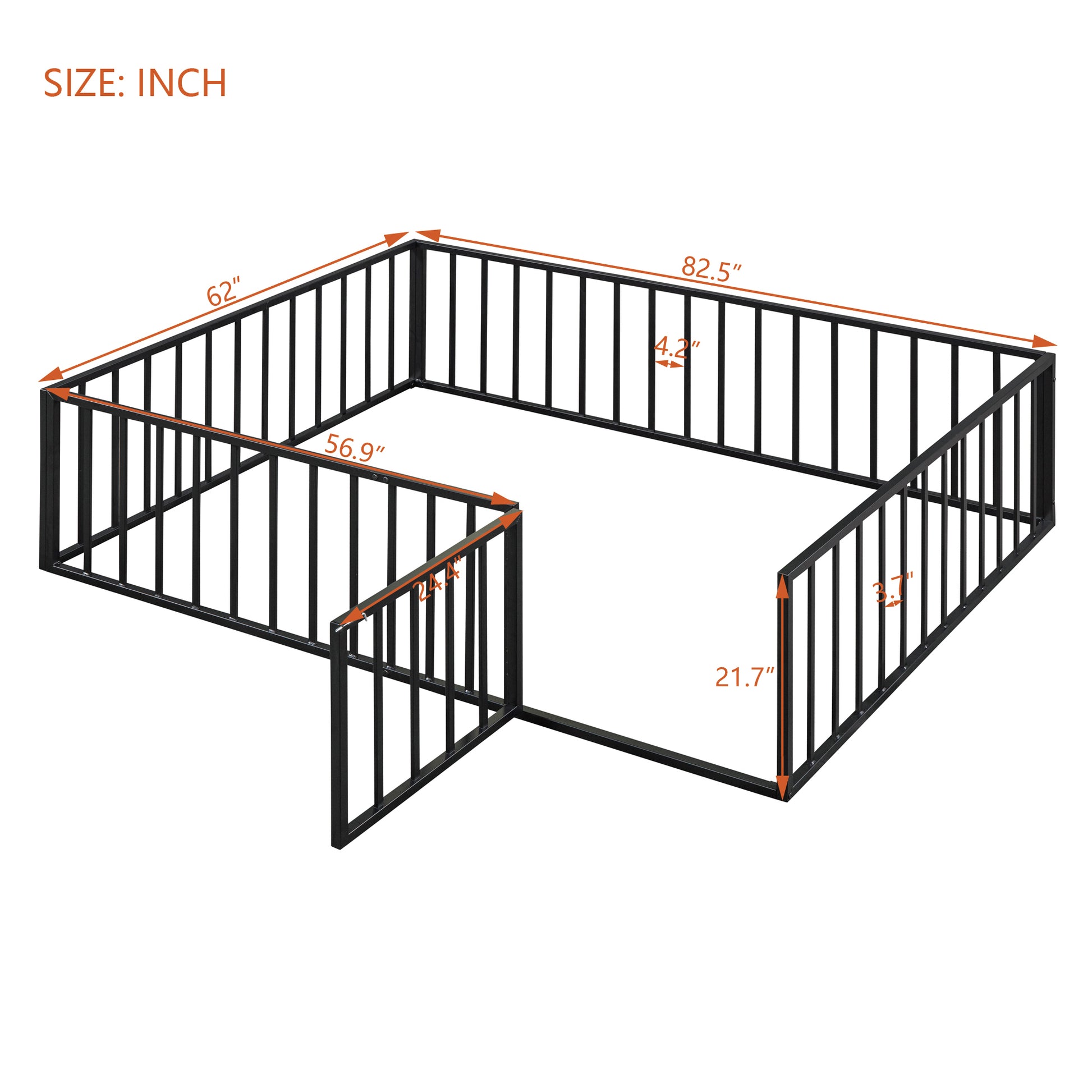 Queen Size Metal Floor Bed Frame With Fence And Door, Black Black Metal