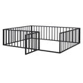 Queen Size Metal Floor Bed Frame With Fence And Door, Black Black Metal