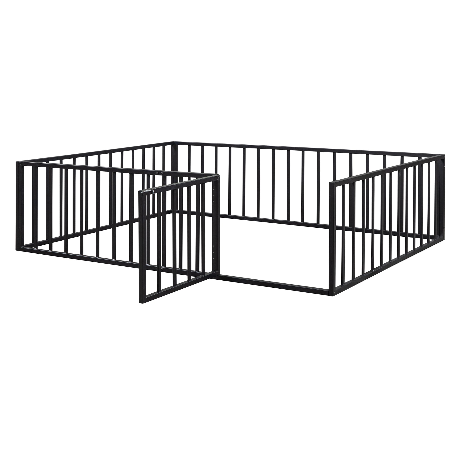 Queen Size Metal Floor Bed Frame With Fence And Door, Black Black Metal