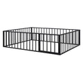 Queen Size Metal Floor Bed Frame With Fence And Door, Black Black Metal