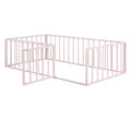 Twin Size Metal Floor Bed Frame With Fence And Door, Pink Pink Metal