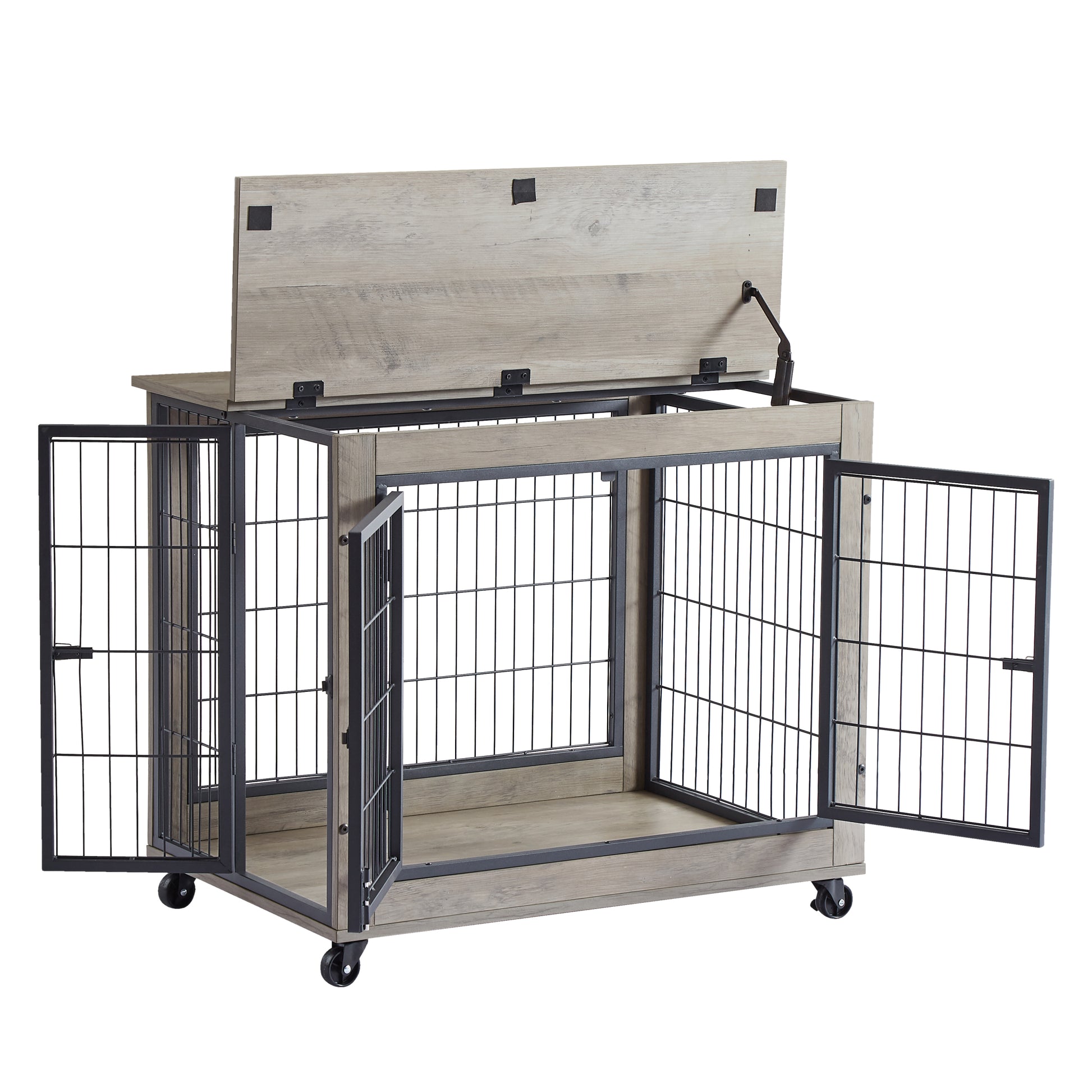 Furniture Dog Cage Crate With Double Doors On Casters. Grey, 31.50'' W X 22.05'' D X 24.8'' H. Grey Particle Board