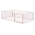 Twin Size Metal Floor Bed Frame With Fence And Door, Pink Pink Metal