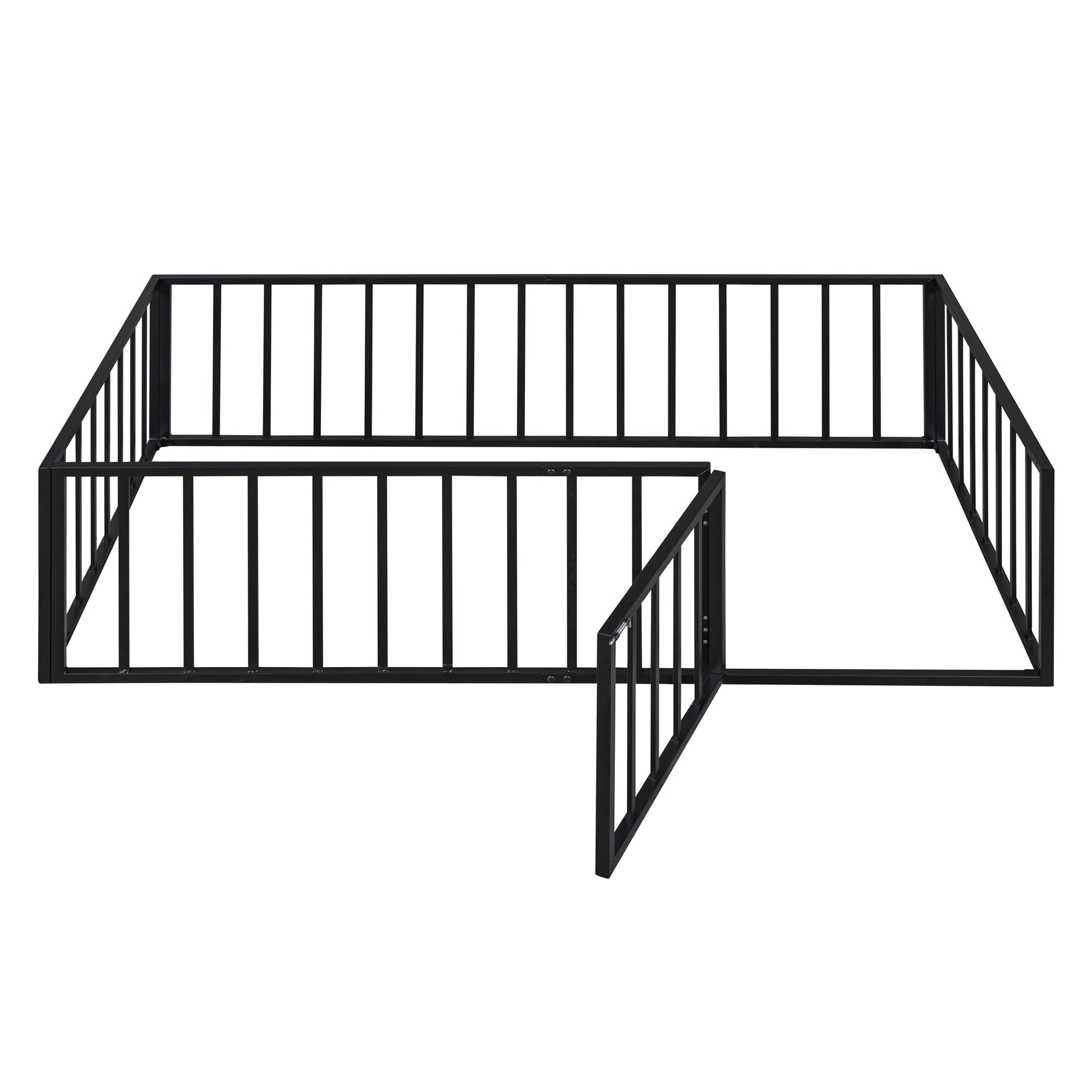 Twin Size Metal Floor Bed Frame With Fence And Door, Black Black Metal