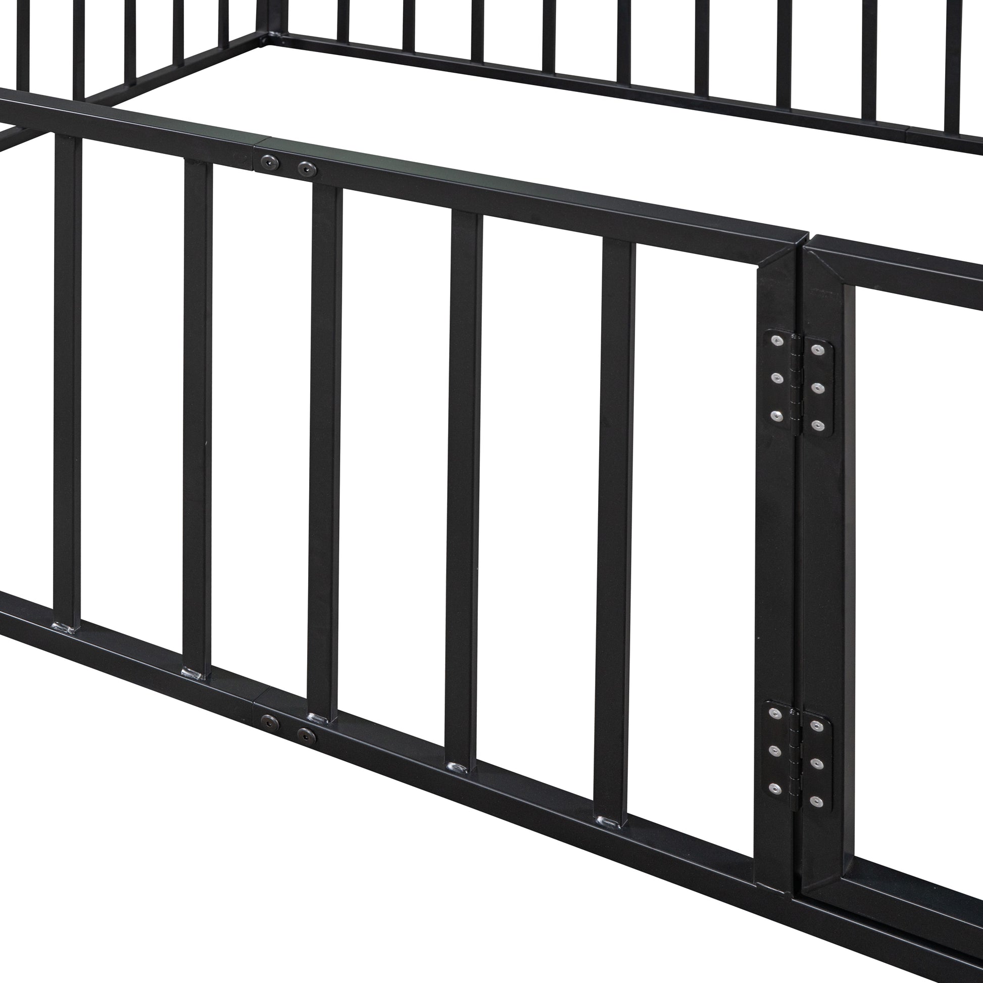 Queen Size Metal Floor Bed Frame With Fence And Door, Black Black Metal