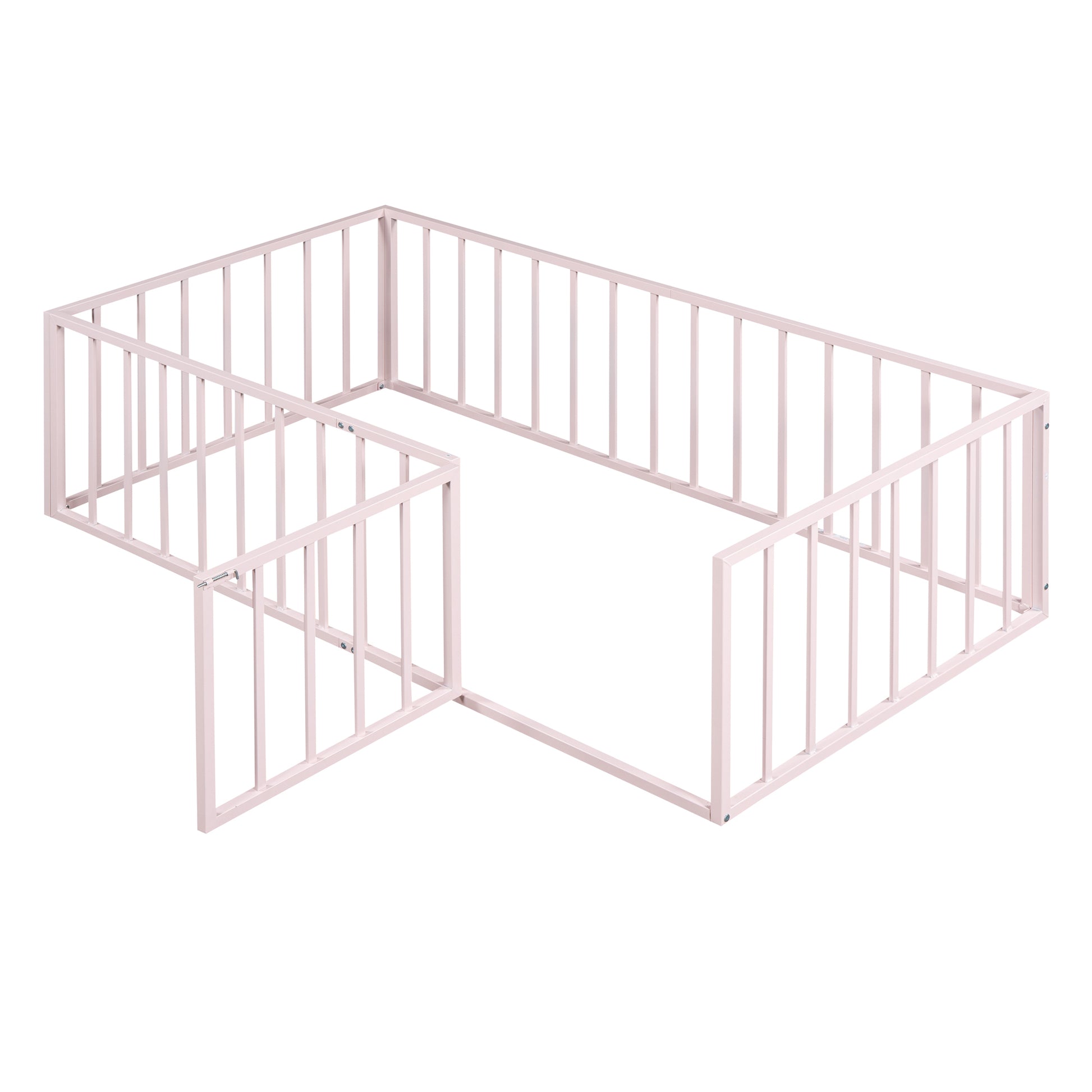 Twin Size Metal Floor Bed Frame With Fence And Door, Pink Pink Metal