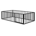 Twin Size Metal Floor Bed Frame With Fence And Door, Black Black Metal
