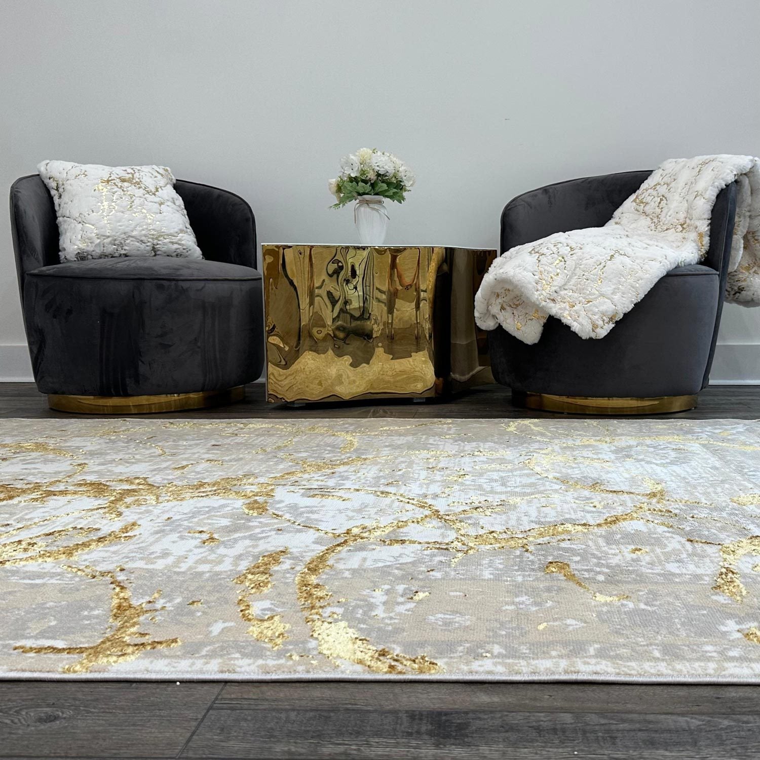 Penina Luxury Area Rug In Beige And Gray With Gold Circles Abstract Design Multicolor Polyester