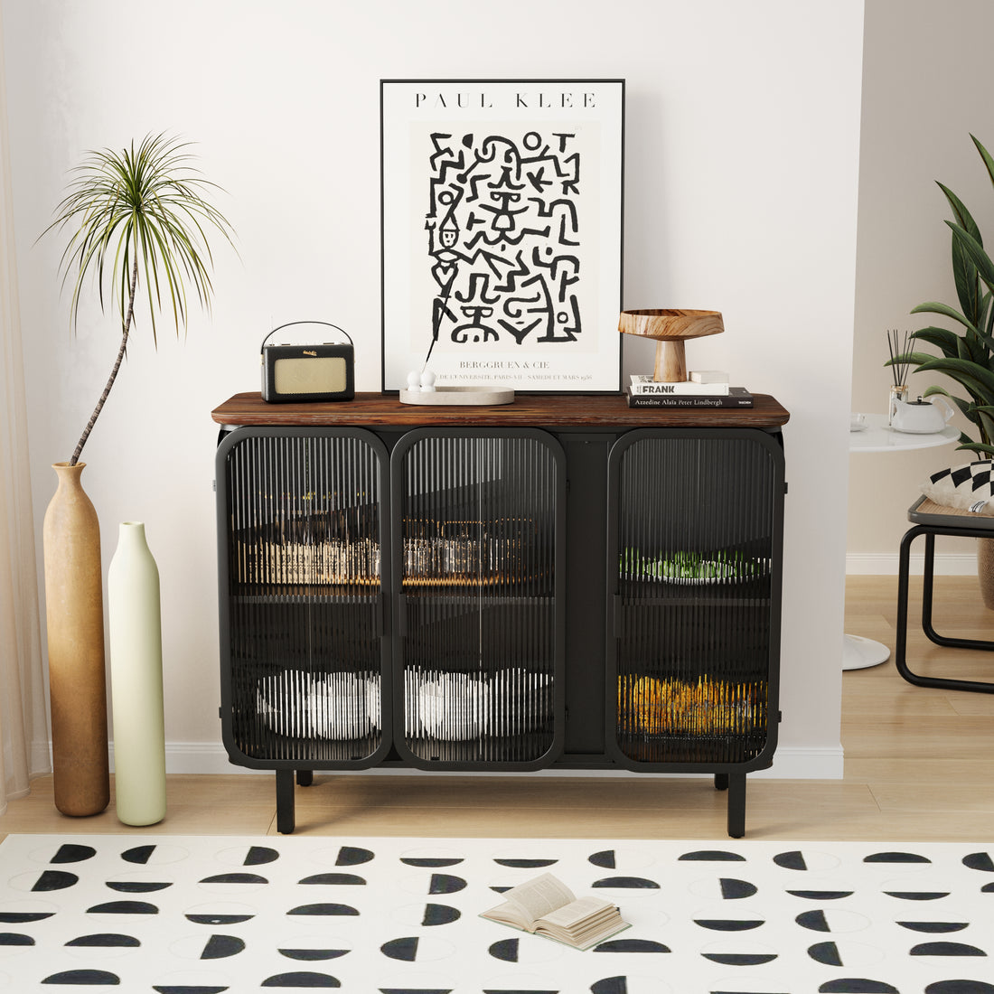 40.94"Glass Doors Modern Three Door Cabinet With Featuring Two Tier Storage,Unique Fir Cabinet Top,For Entryway,Living Room,Home Office,Dining Room Black Brown Metal & Wood