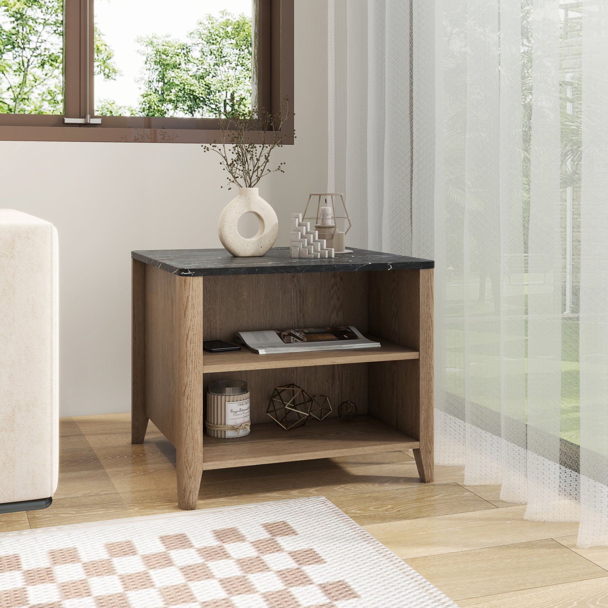 Tobacco Wood Grain Coffee Table. Nightstand Marble Primary Living Space American Traditional Open Storage Particle Board