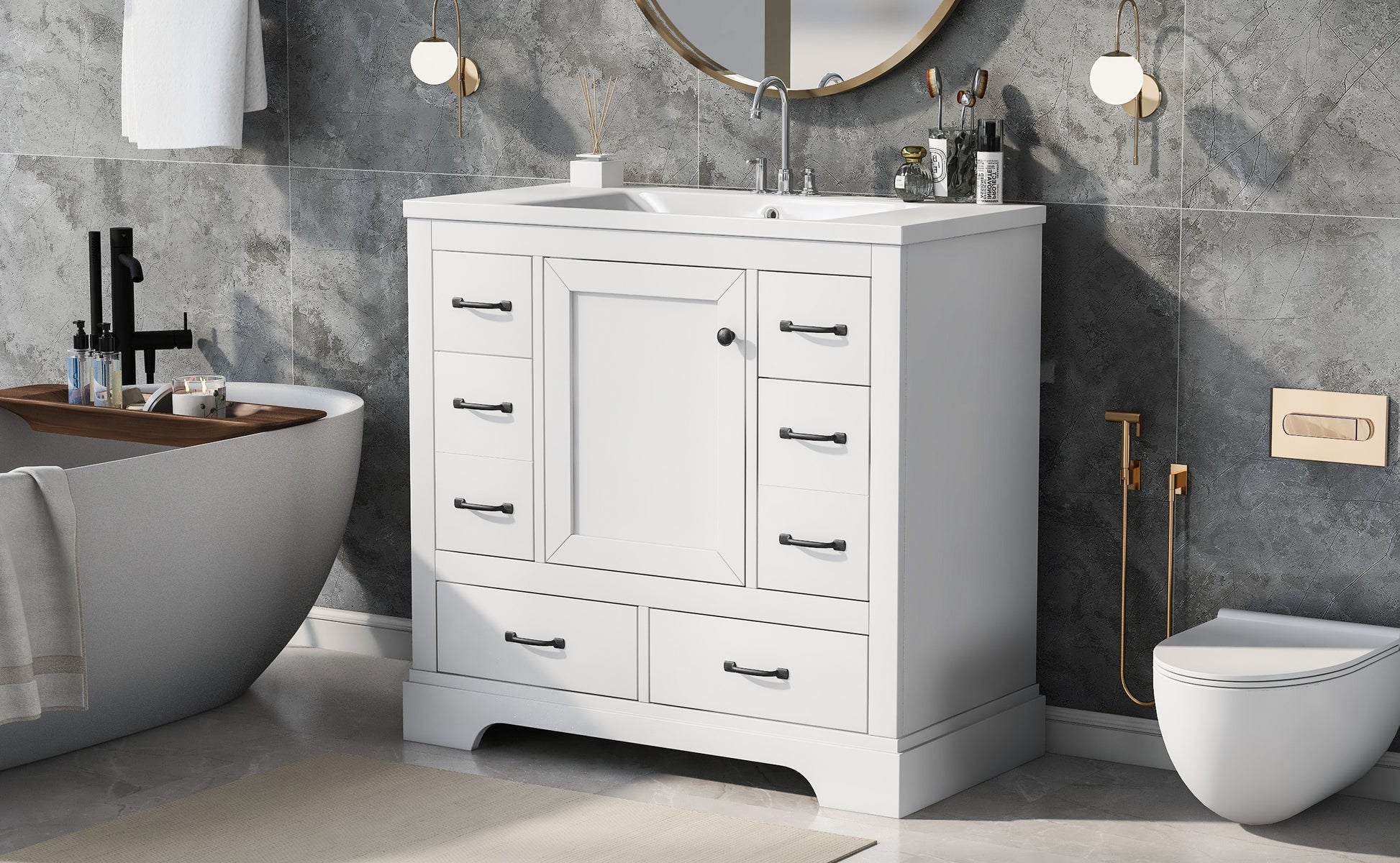 36" Bathroom Vanity With Sink Combo, Six Drawers, Multi Functional Drawer Divider, Adjustable Shelf, White Old Sku:Sy999808Aak White Solid Wood Mdf