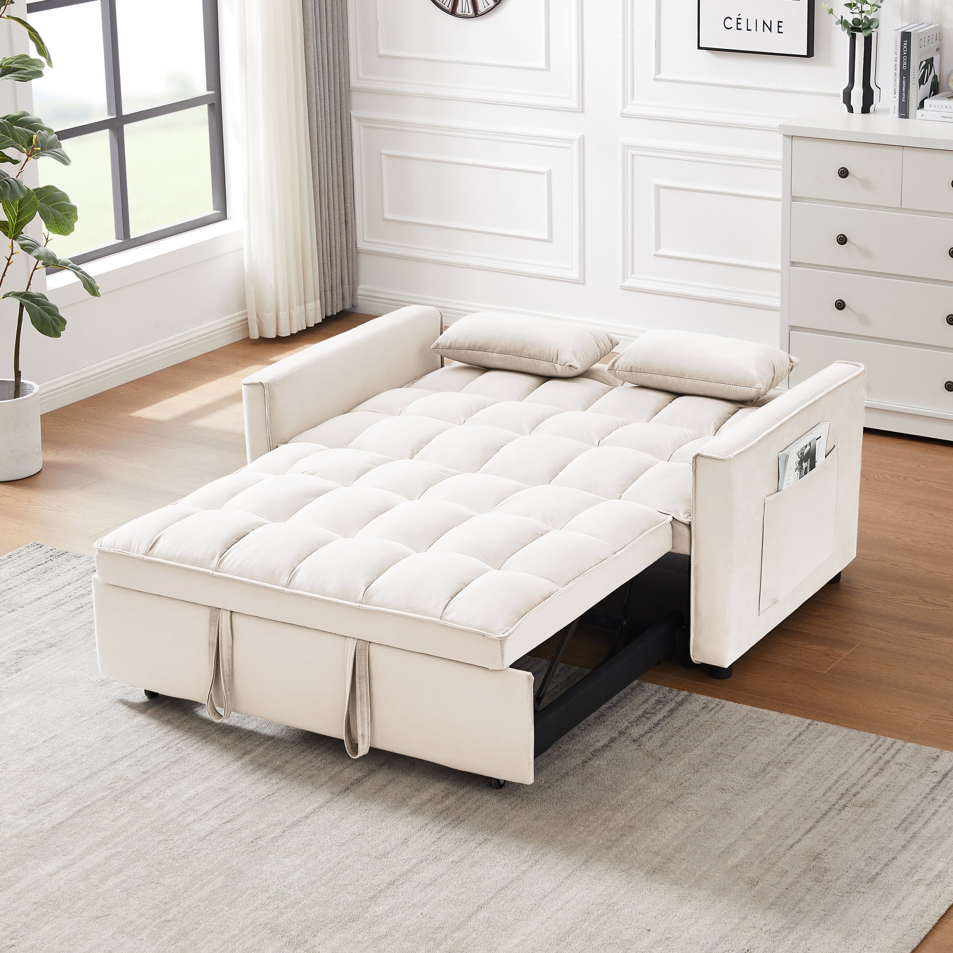 Modern Velvet Loveseat Futon Sofa Couch W Pullout Bed,Small Beautiful Seat Lounge Sofa W Reclining Backrest,Toss Pillows, Pockets,Furniture For Living Room,3 In 1 Convertible Sleeper Sofa Bed, Creamy White Creamy White Light Brown Velvet Wood Primary