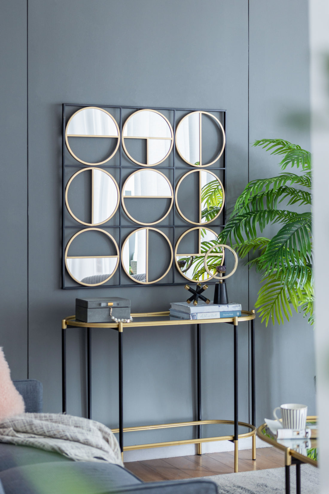 35.6" In Eclectic Styling Metal Beaded Black Wall Mirror With Contemporary Design For Bedroom,Liveroom & Entryway Golden Black Iron