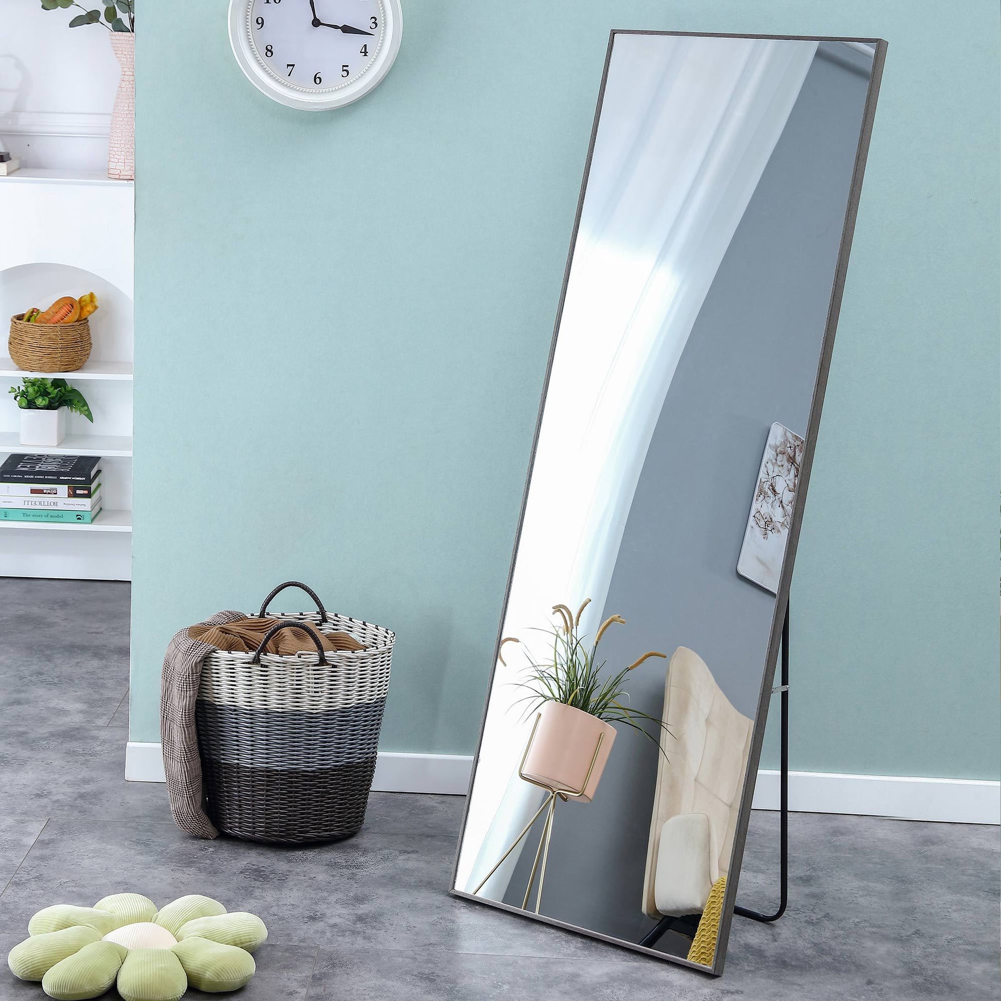 The 4Th Generation Gray Solid Wood Frame Full Body Mirror, Dressing Mirror, Bedroom Porch, Decorative Mirror, Clothing Mirror, Floor Mirror, Wall Mirror. Gray Glass