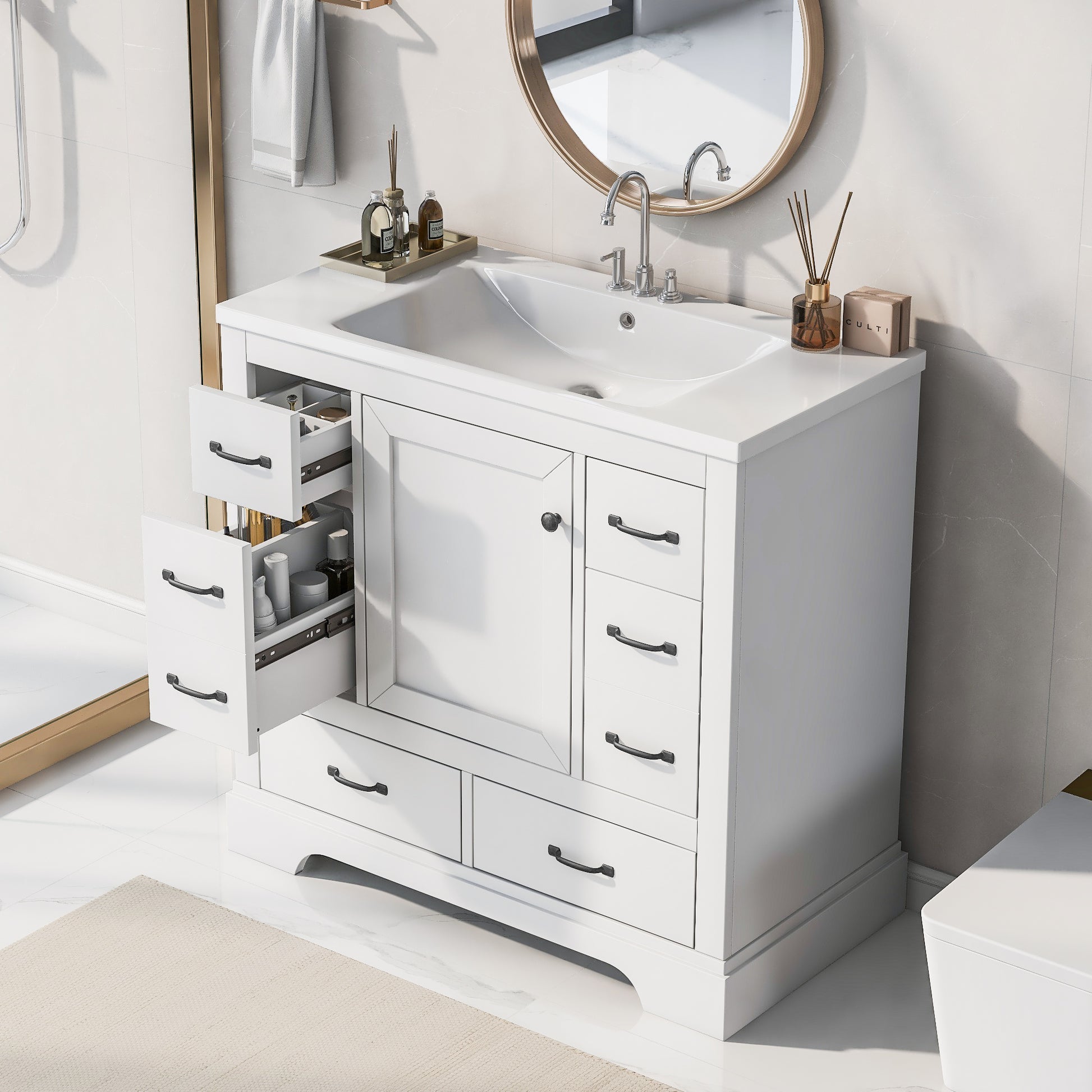 36" Bathroom Vanity With Sink Combo, Six Drawers, Multi Functional Drawer Divider, Adjustable Shelf, White Old Sku:Sy999808Aak White Solid Wood Mdf