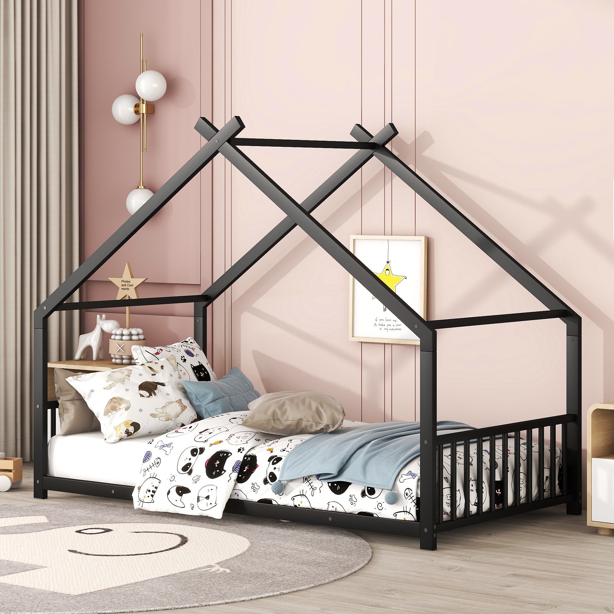 Twin Size Metal House Bed, Black Black Metal