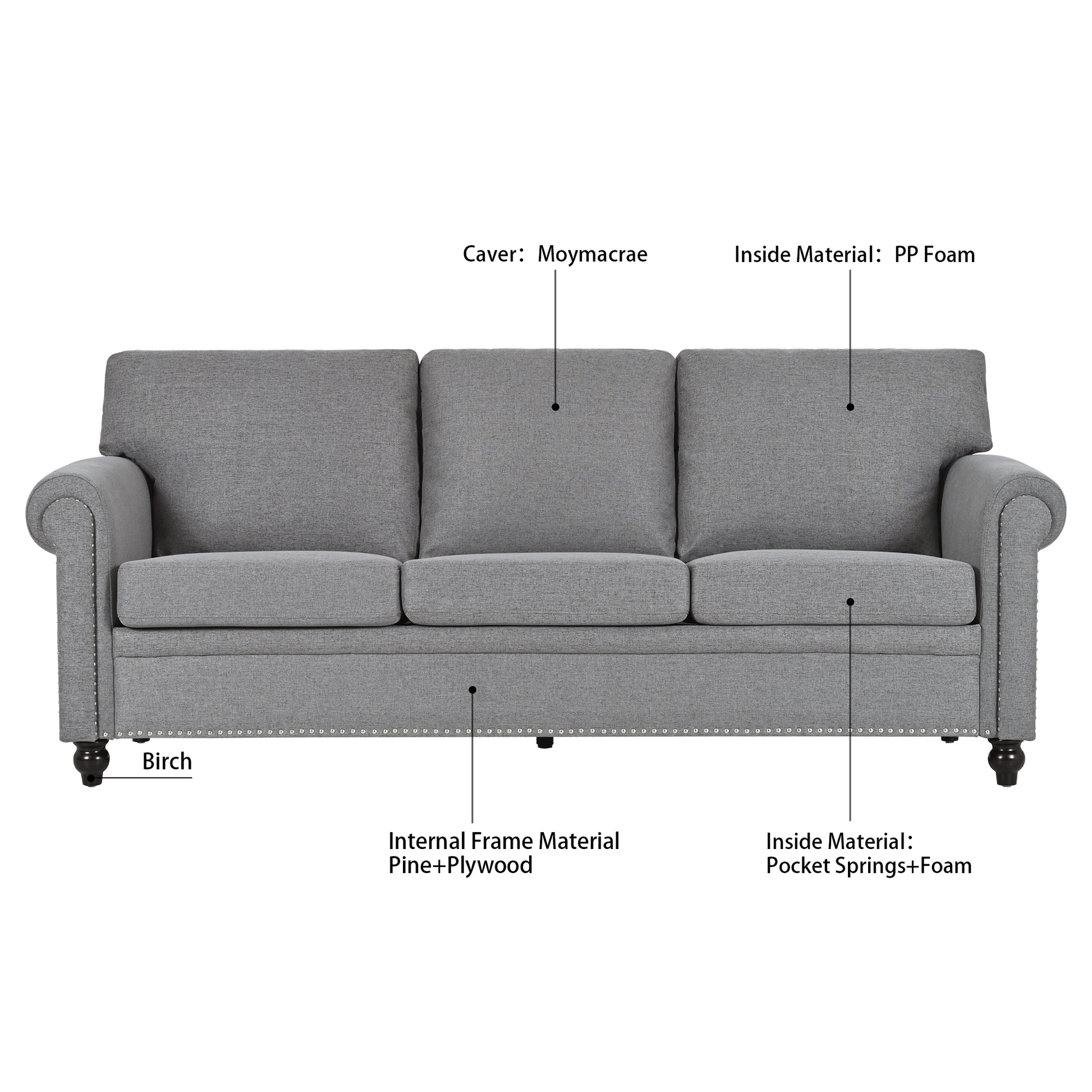 3 Seater Sofa. Grey Foam Fabric