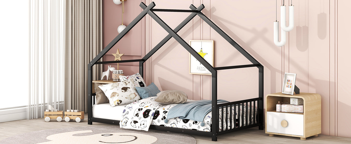 Twin Size Metal House Bed, Black Black Metal